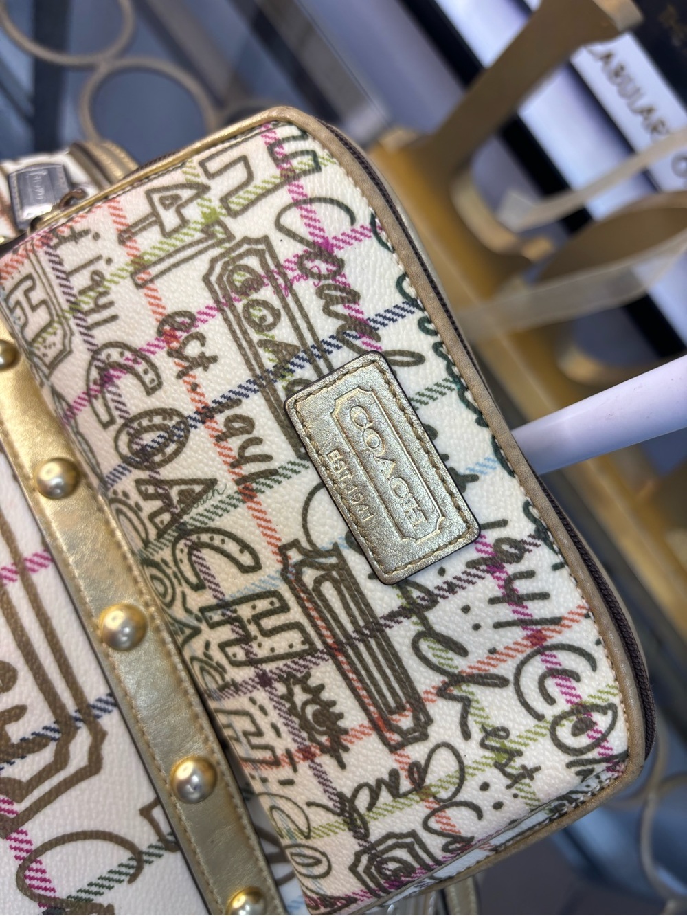 Coach 2009 Heritage Tattersall Graffiti Gold Tote W/ matching cosmetic pouch EUC - Picture 4 of 16